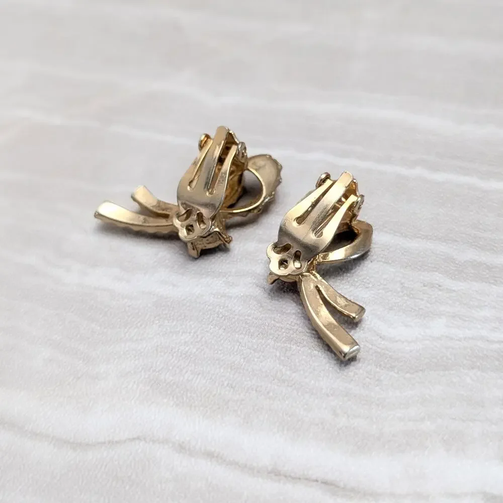 Vintage Clip On Earrings Gold Tone Bow with Aurora Borealis Gem